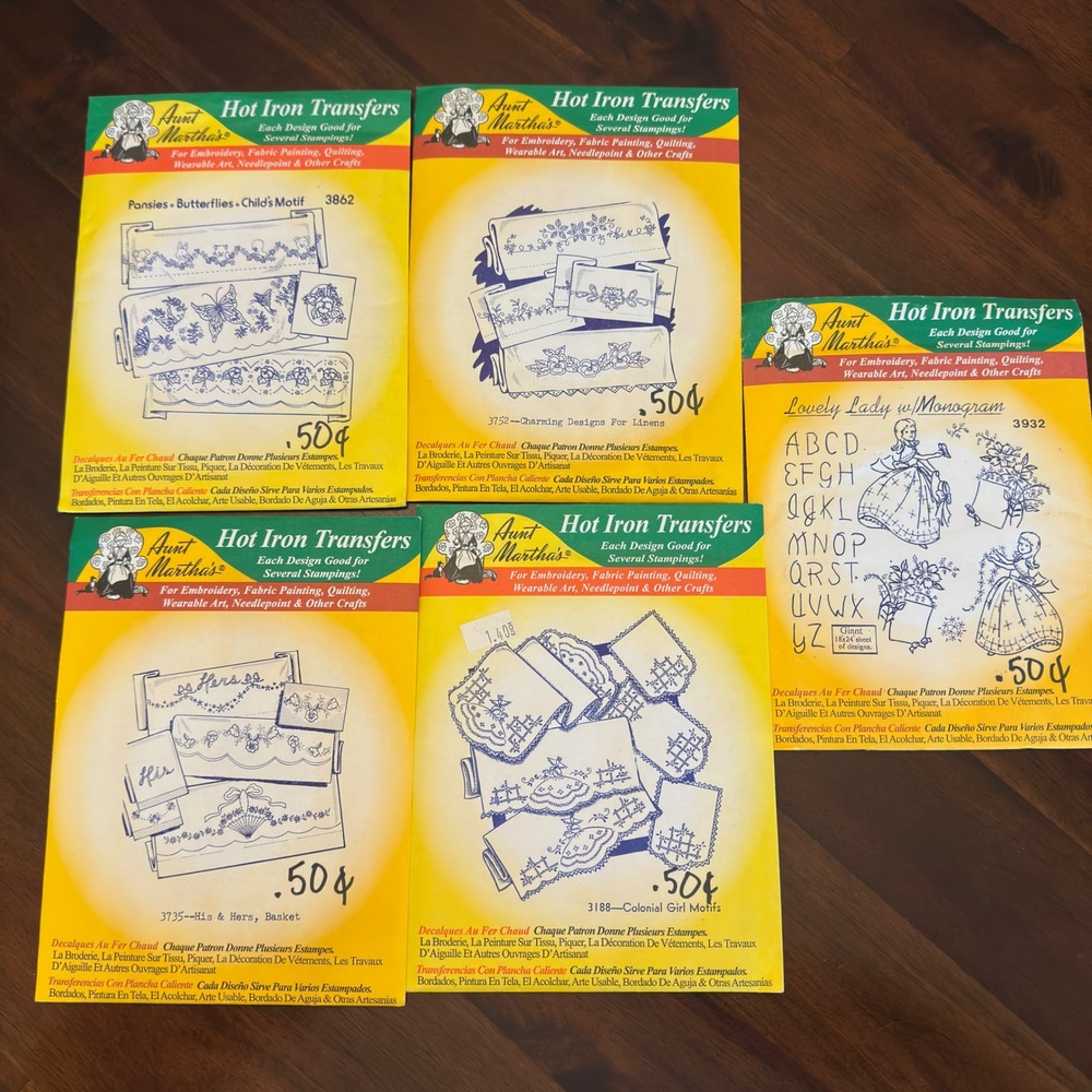 Aunt Martha's Embroidery Transfers Lot 5 Vintage Patterns Floral Monogram Linen